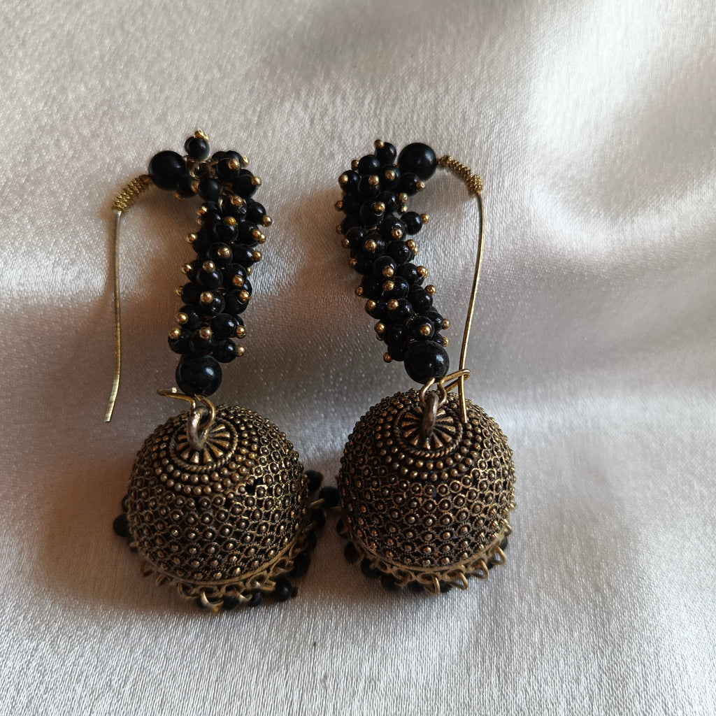 JJ Antique Gold Jhumka Earrings Black Bead Hoop