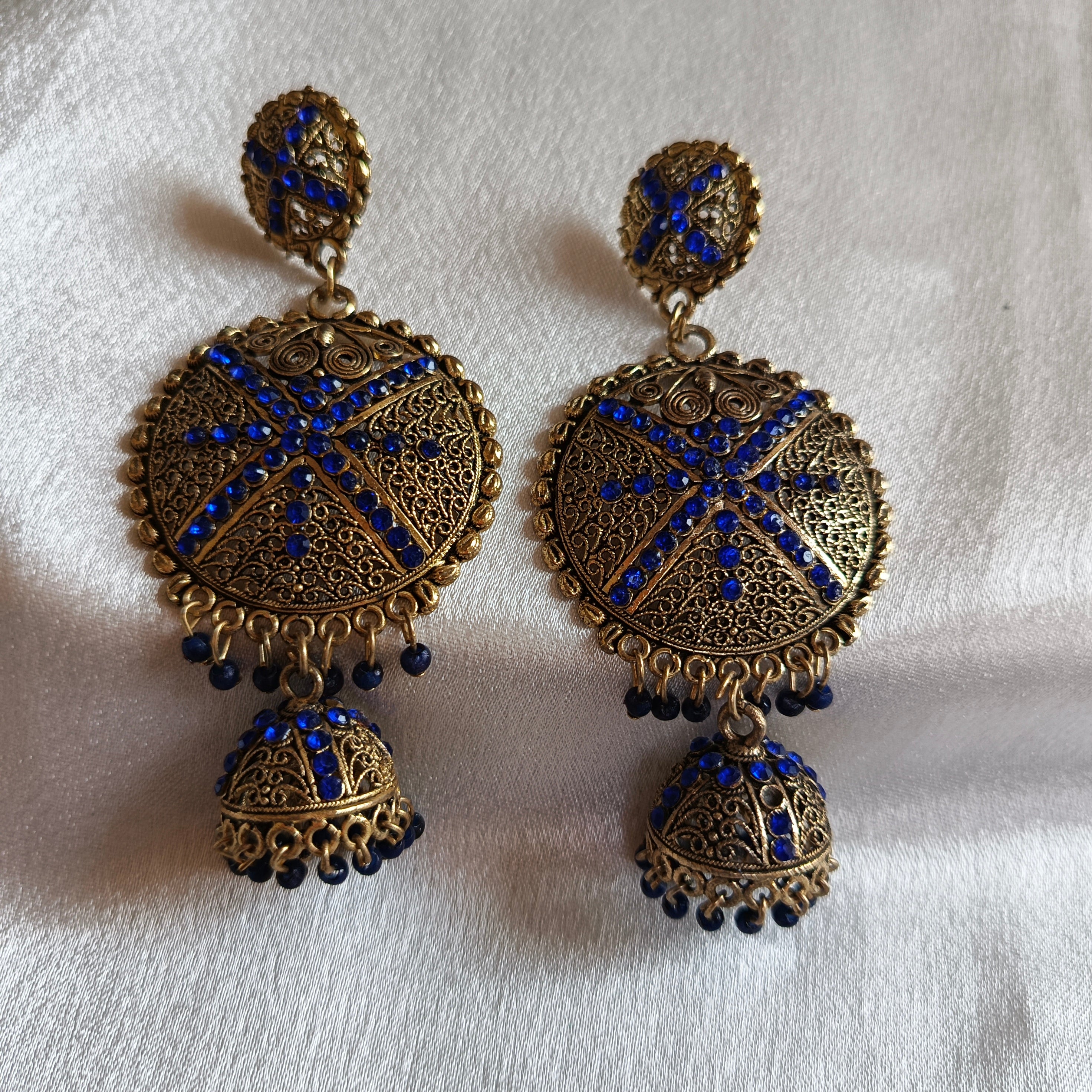 JJ Antique Gold & Royal Blue Jhumka Earrings – Traditional Filigree Design