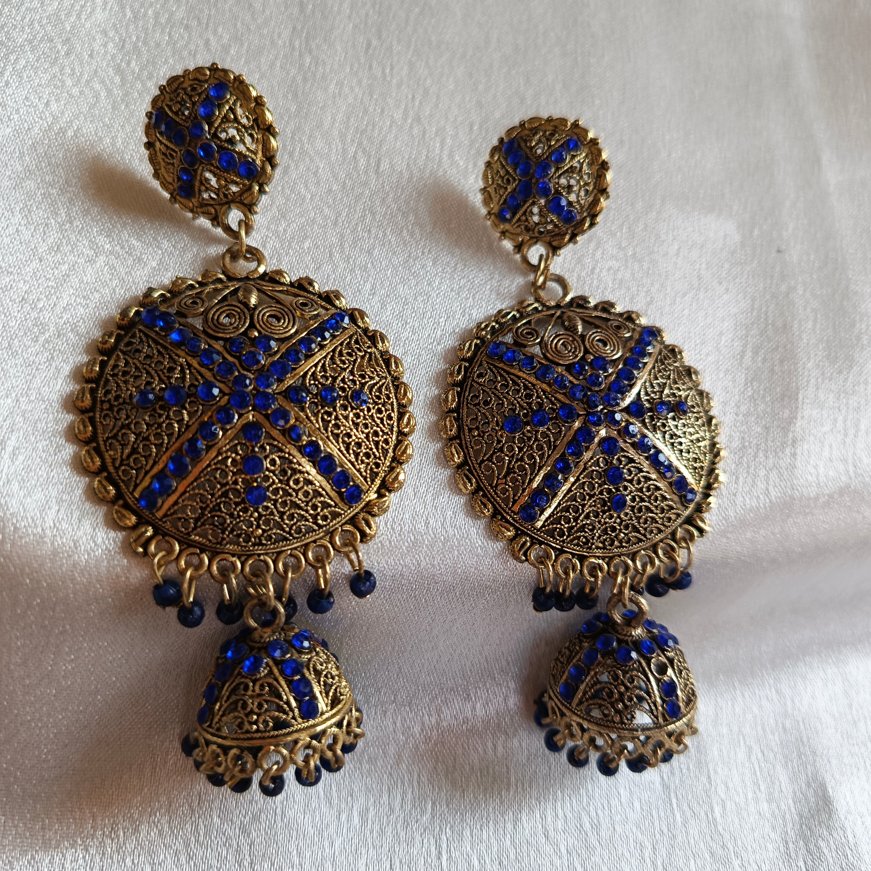 JJ Antique Gold & Royal Blue Jhumka Earrings – Traditional Filigree Design