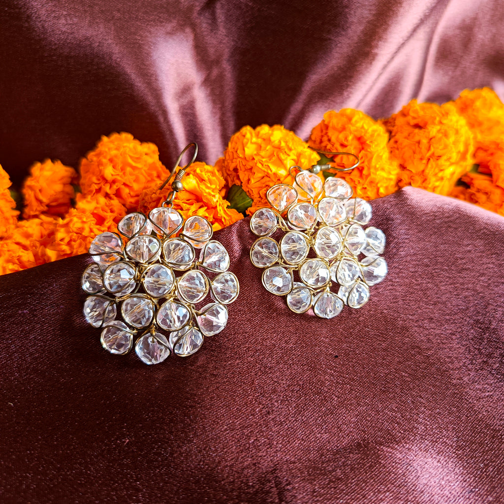 JJ Crystal White Statement Earrings – Floral Kundan Inspired Design