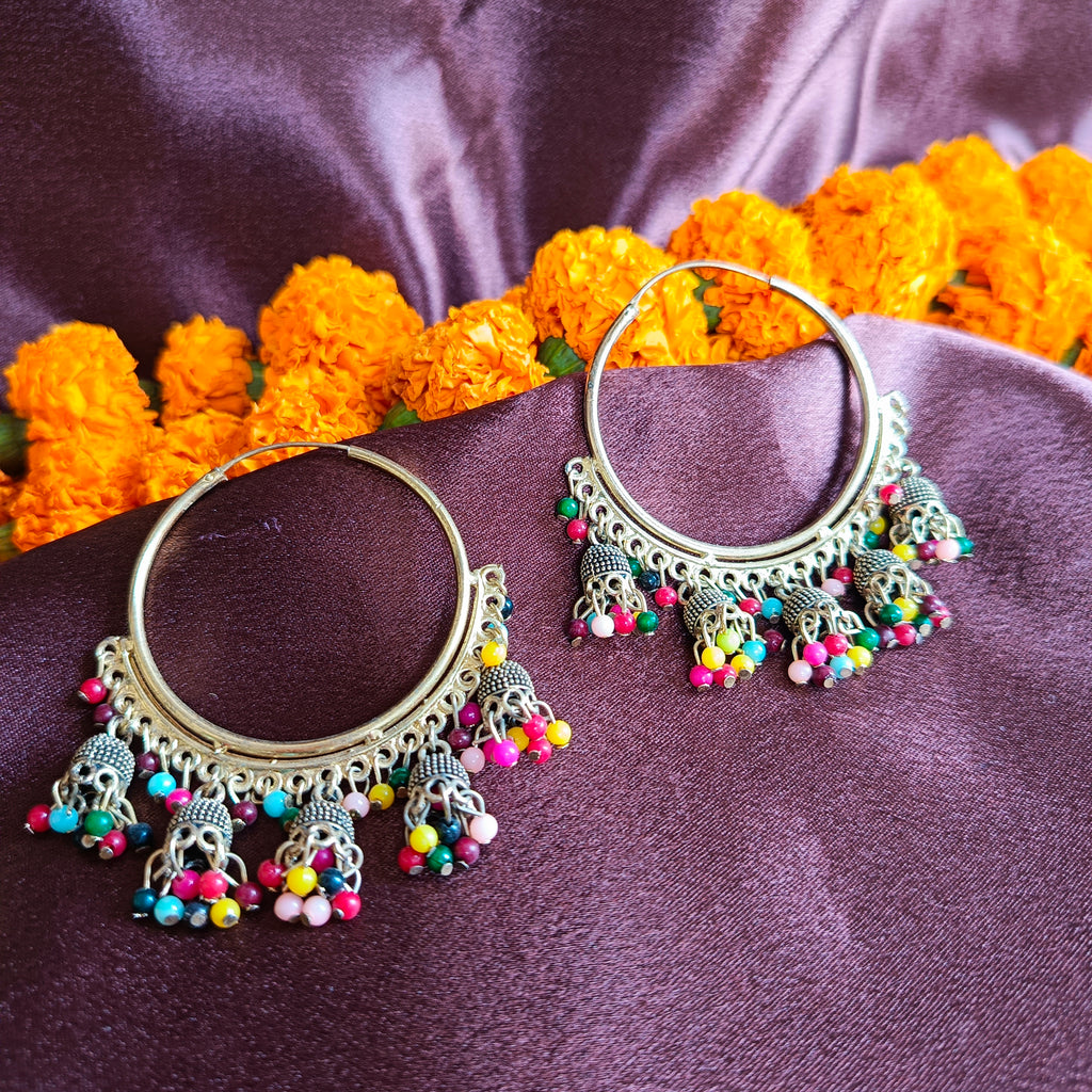 JJ Silver Oxidized Hoop Earrings – Multicolor Beaded Boho Design