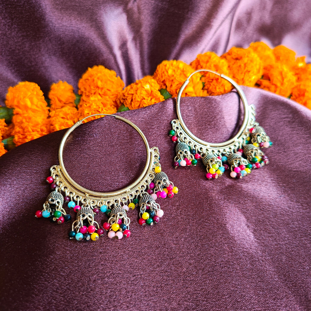 JJ Silver Oxidized Hoop Earrings – Multicolor Beaded Boho Design