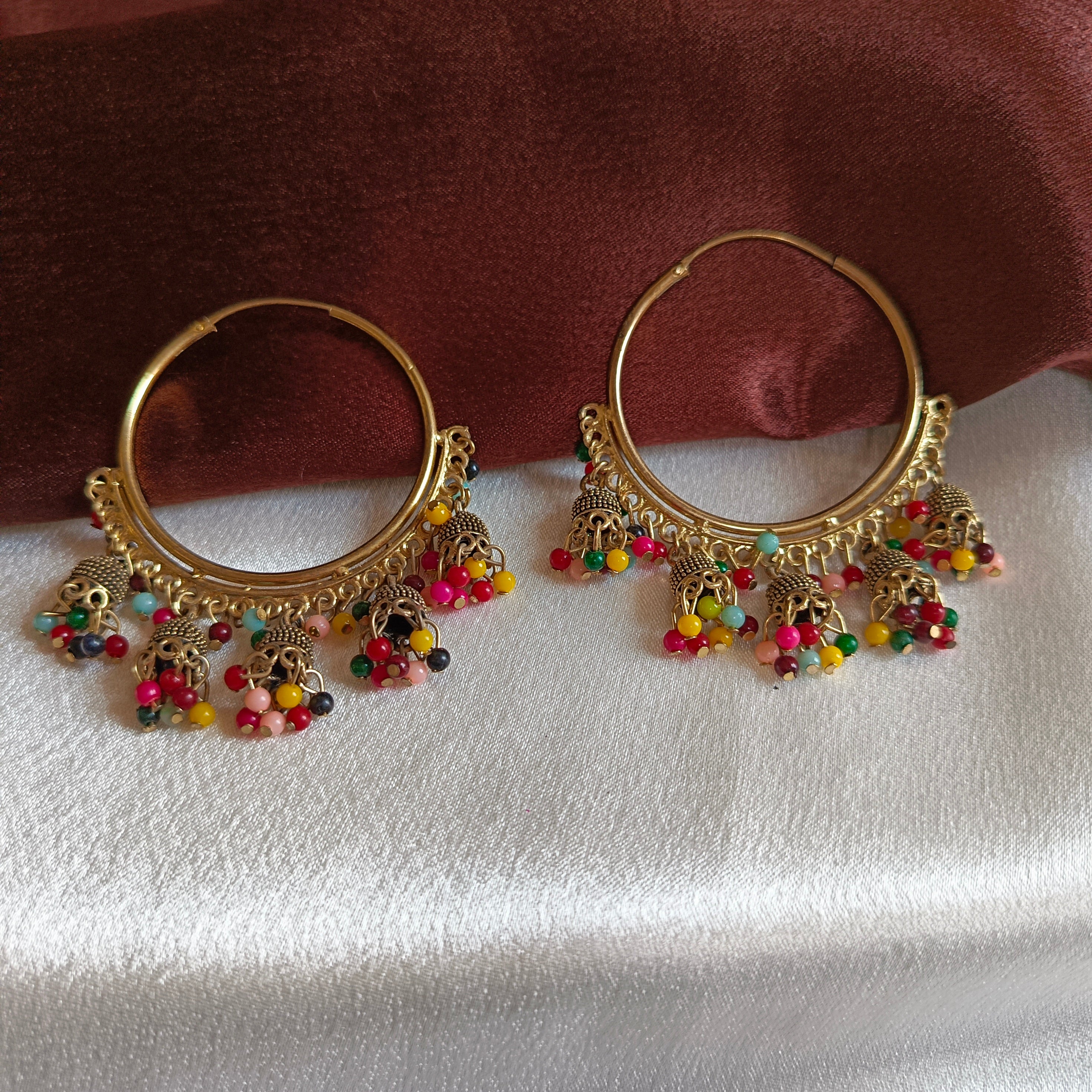 JJ Gold‑Tone Hoop Earrings Multicolor Beaded Jhumki
