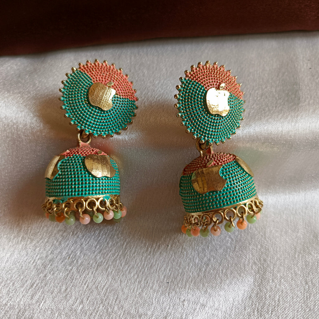 JJ Mint‑Peach Meenakari Jhumka Earrings Gold Motif Dome