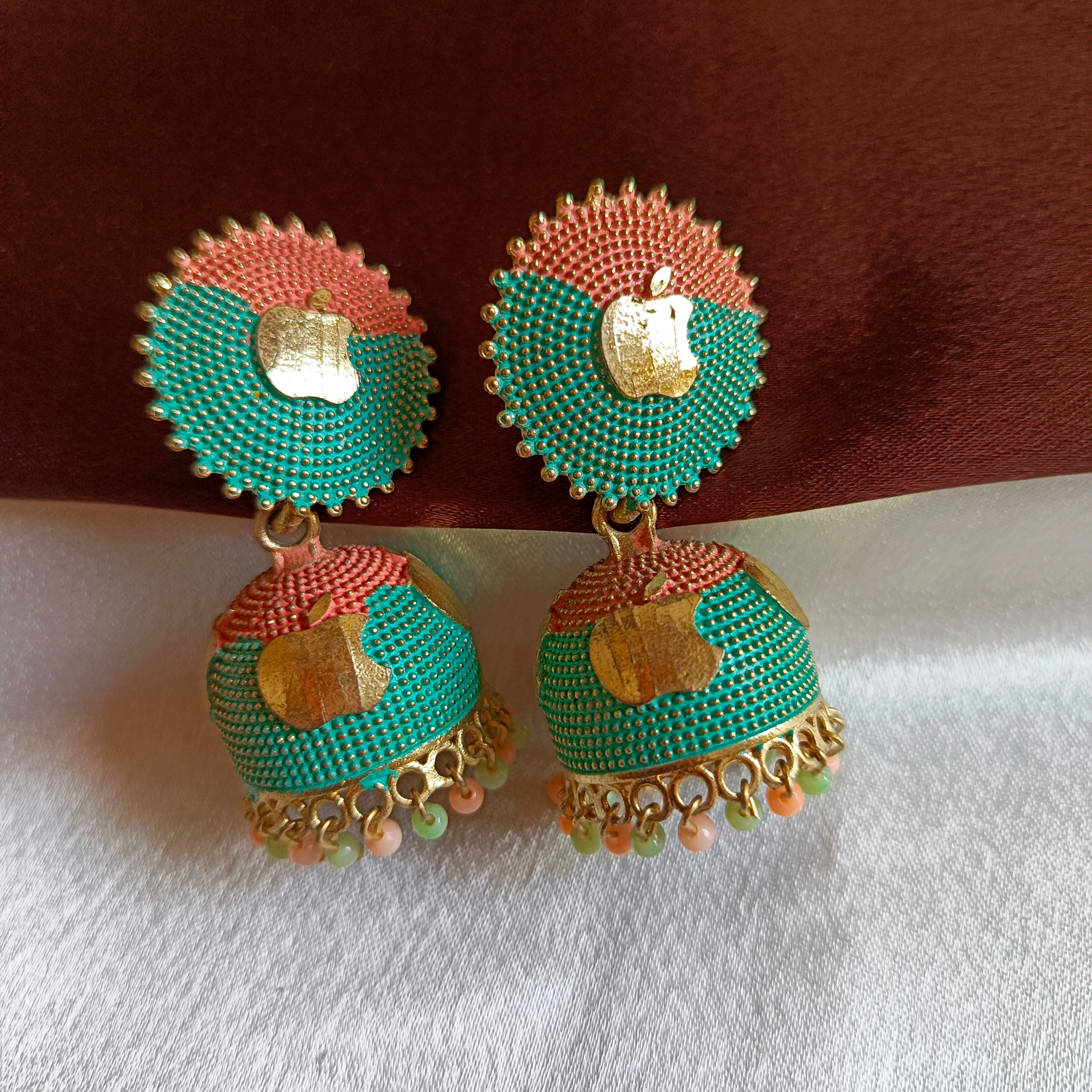 JJ Mint‑Peach Meenakari Jhumka Earrings Gold Motif Dome