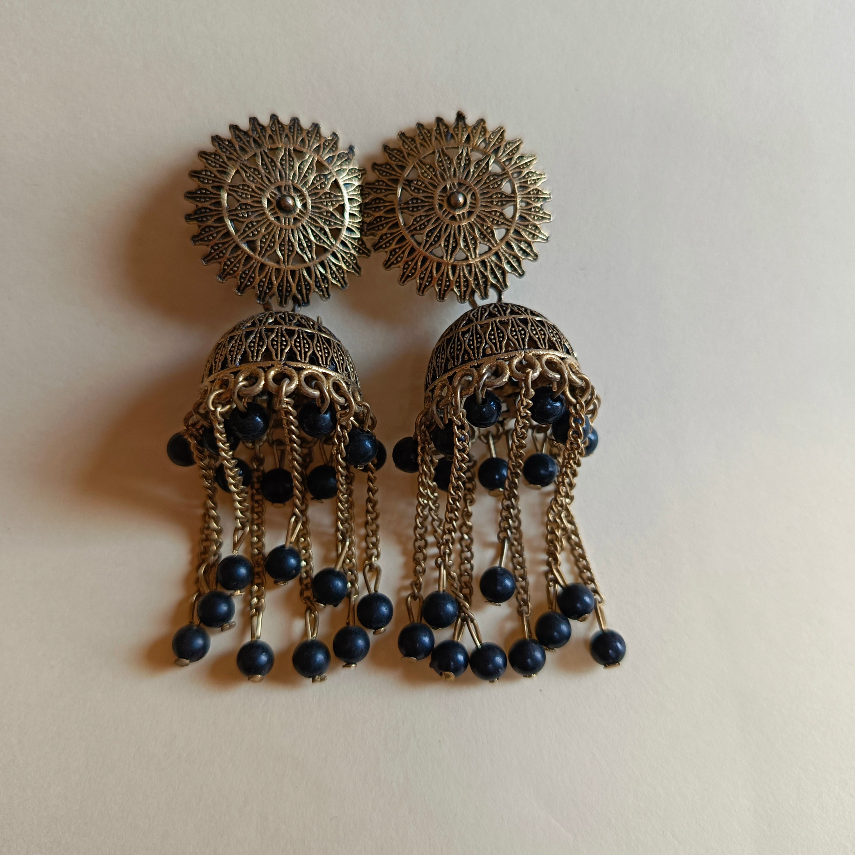 JJ Antique Gold Oxidised Jhumka Earrings Black Bead Tassel