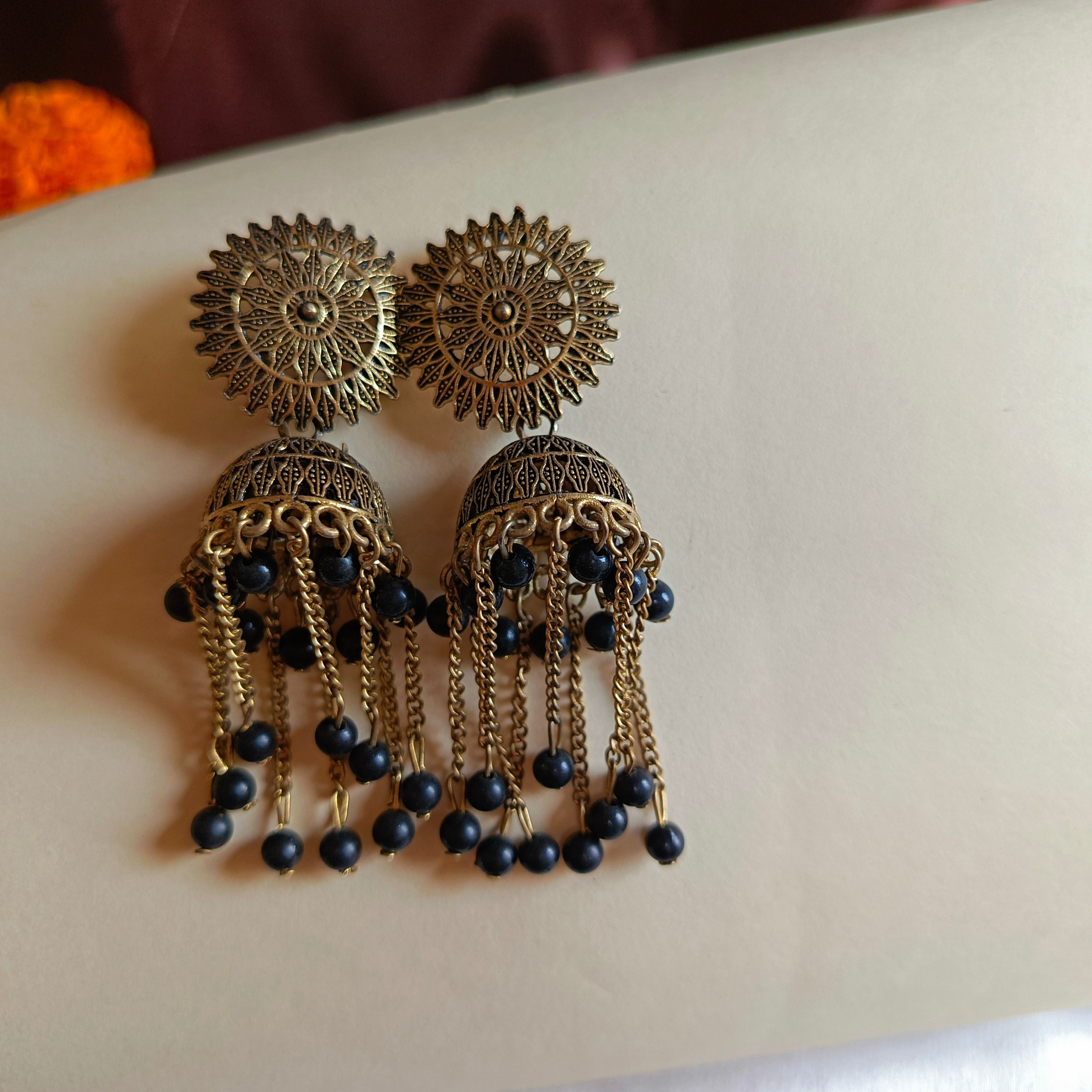 JJ Antique Gold Oxidised Jhumka Earrings Black Bead Tassel