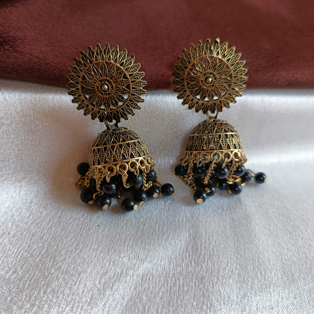 JJ Antique Gold Oxidised Jhumka Earrings Black Bead Tassel