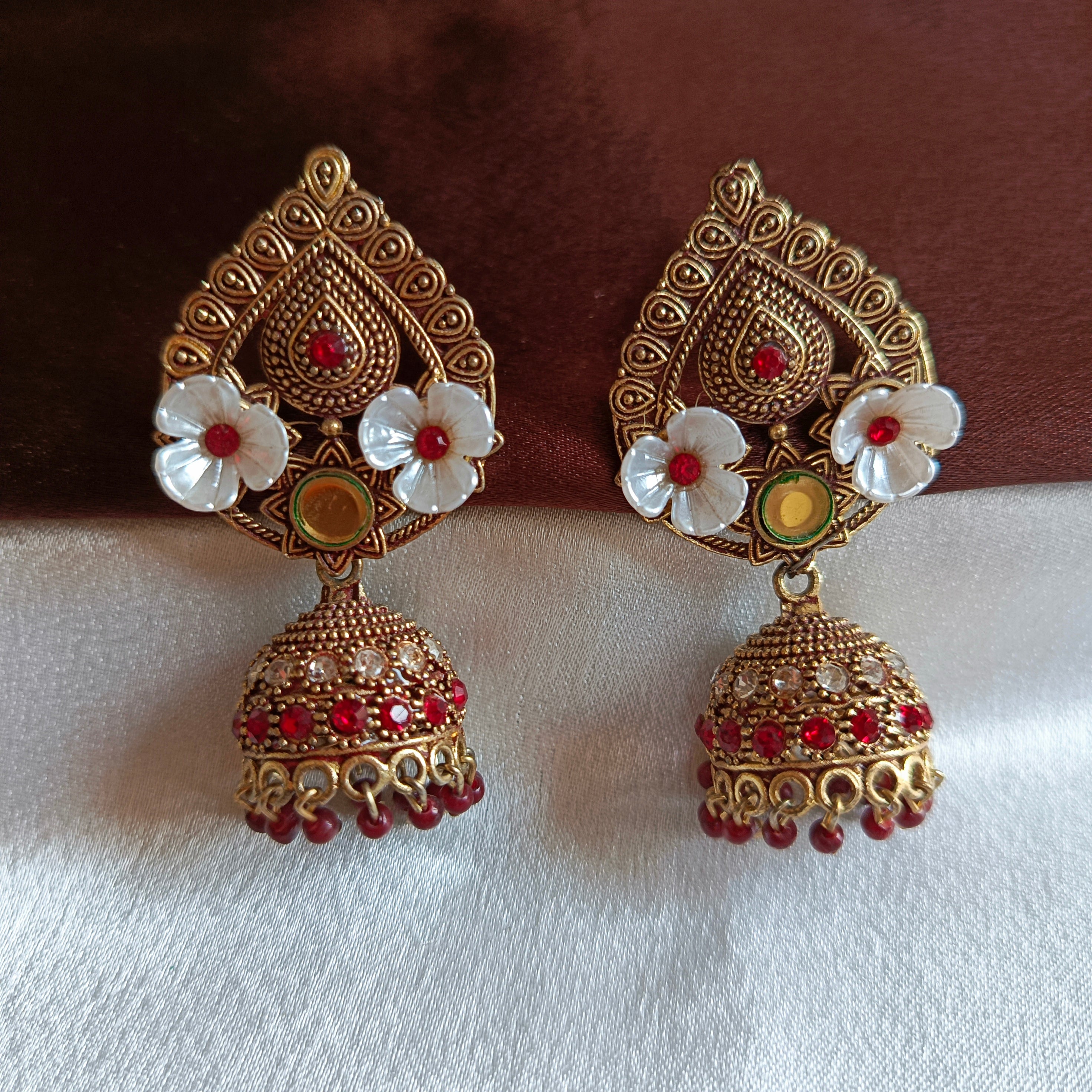 JJ Antique Gold Black Jhumka Earrings Floral Motif
