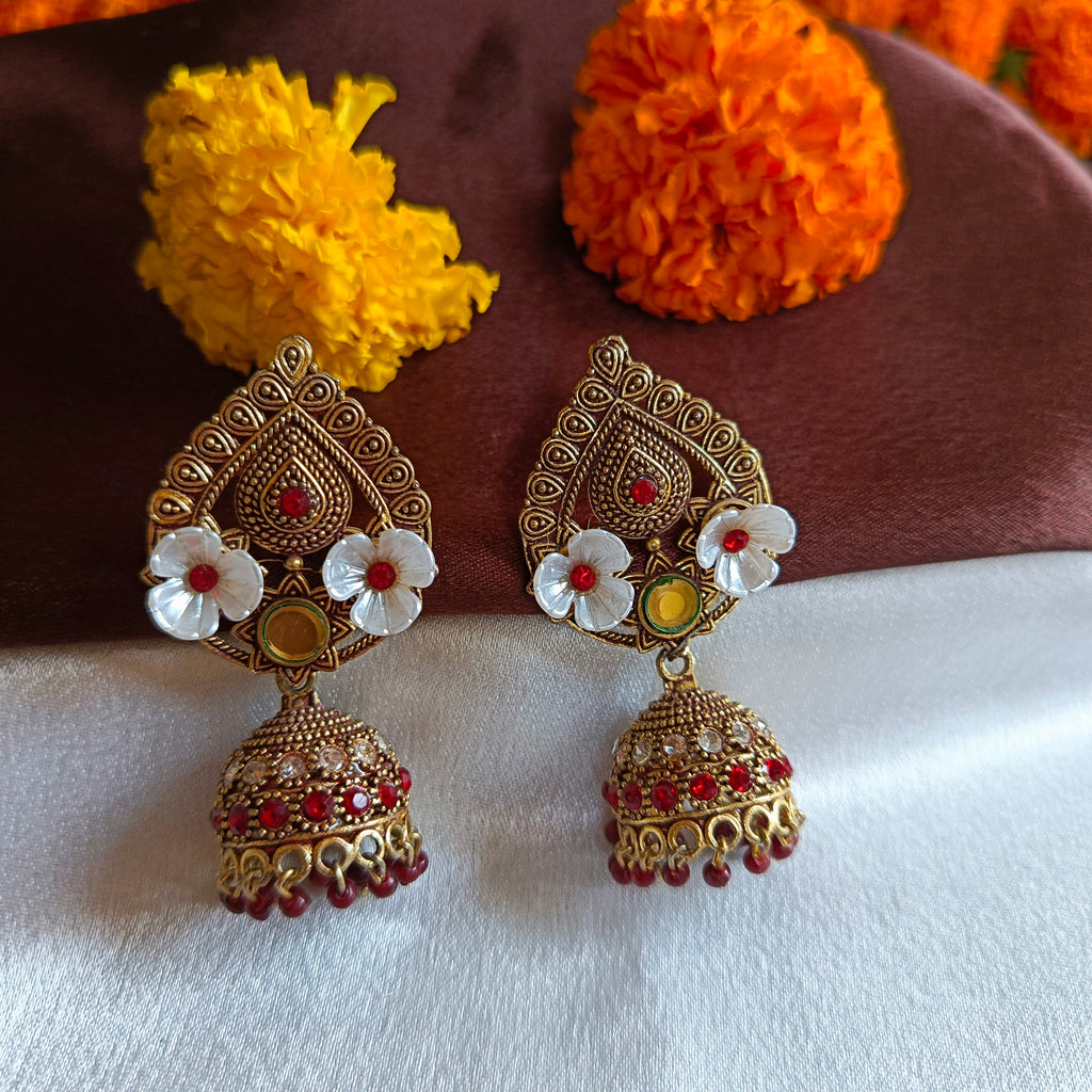 JJ Antique Gold Black Jhumka Earrings Floral Motif
