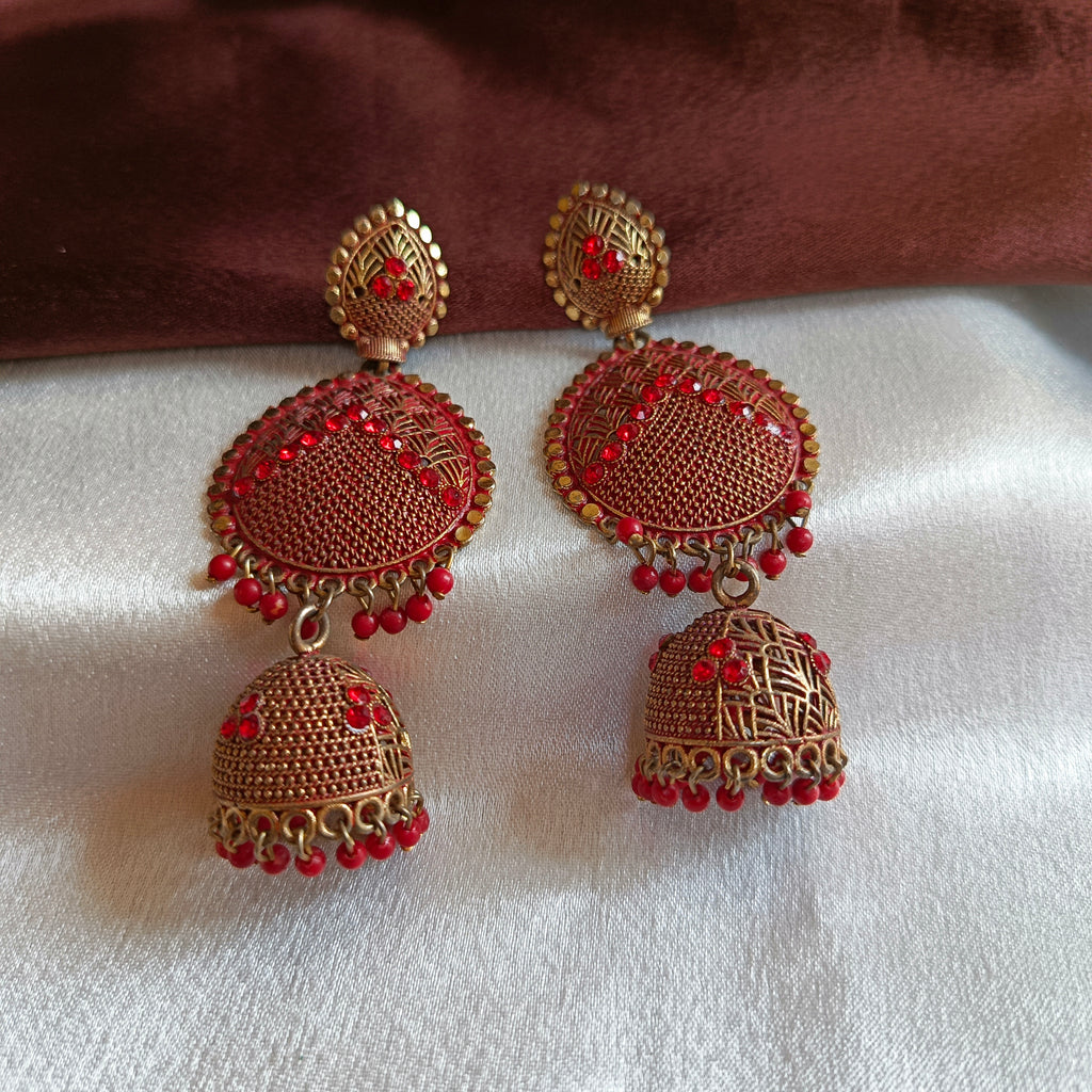 JJ Antique Gold Red Jhumka Earrings Meenakari Disc Drop