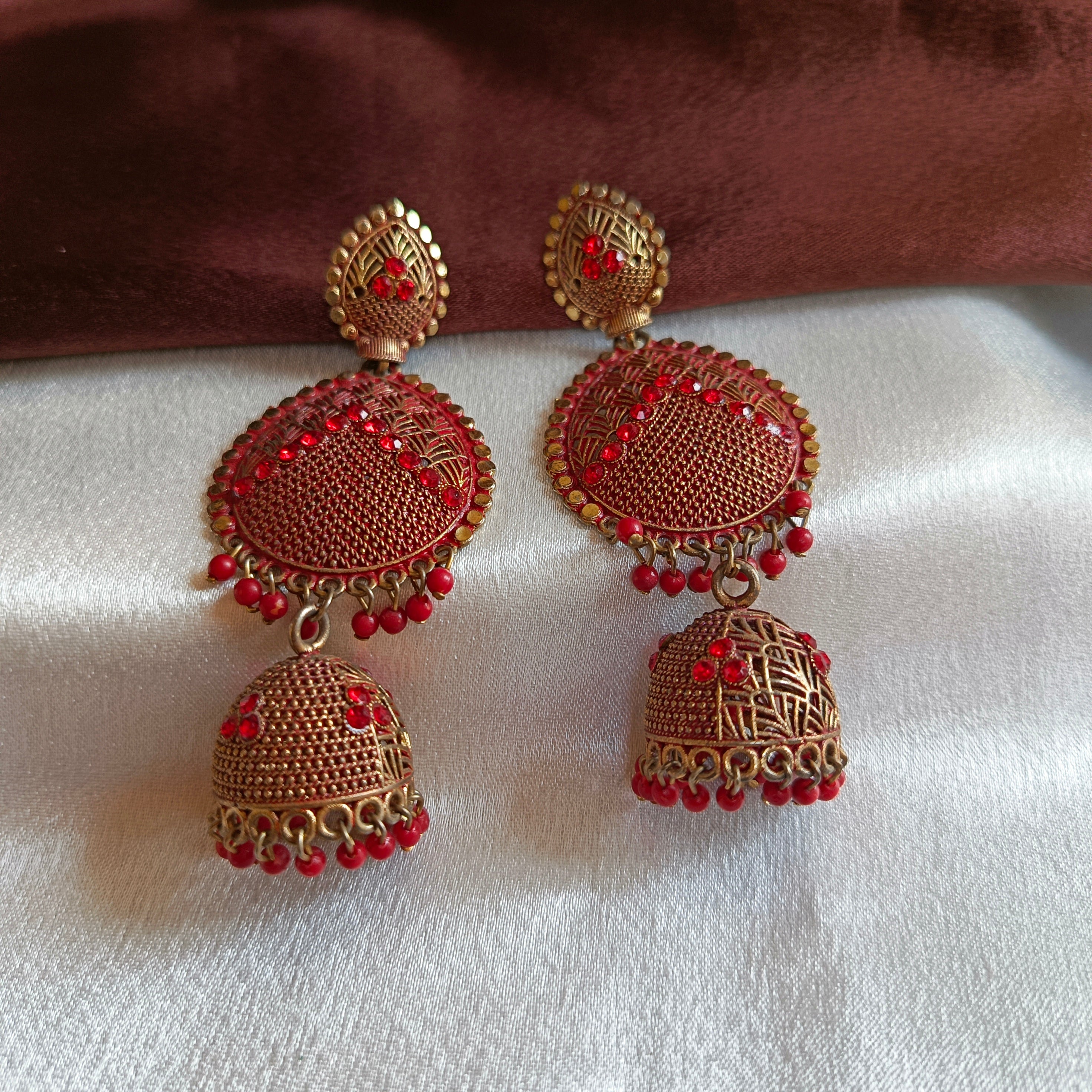 JJ Antique Gold Red Jhumka Earrings Meenakari Disc Drop