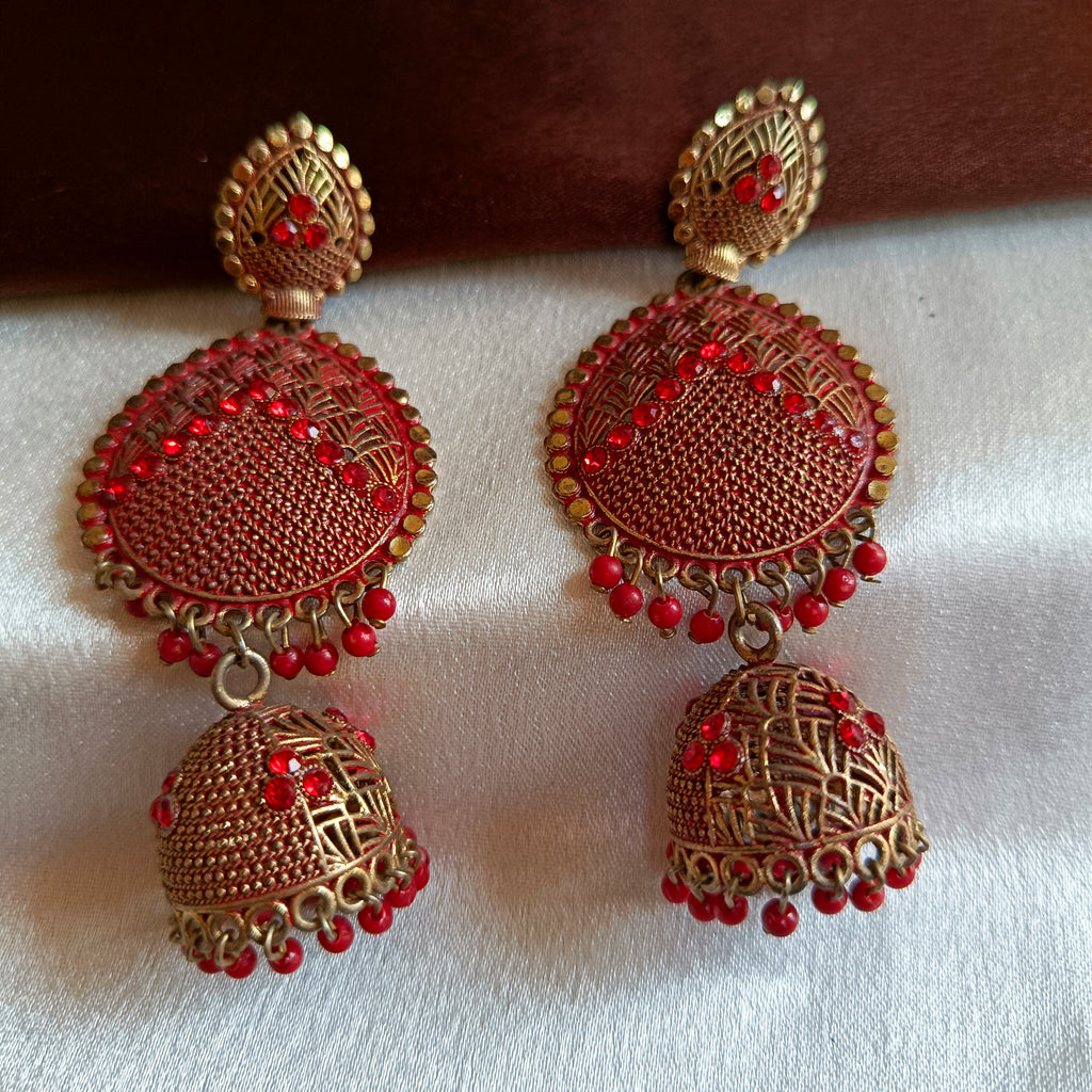 JJ Antique Gold Red Jhumka Earrings Meenakari Disc Drop