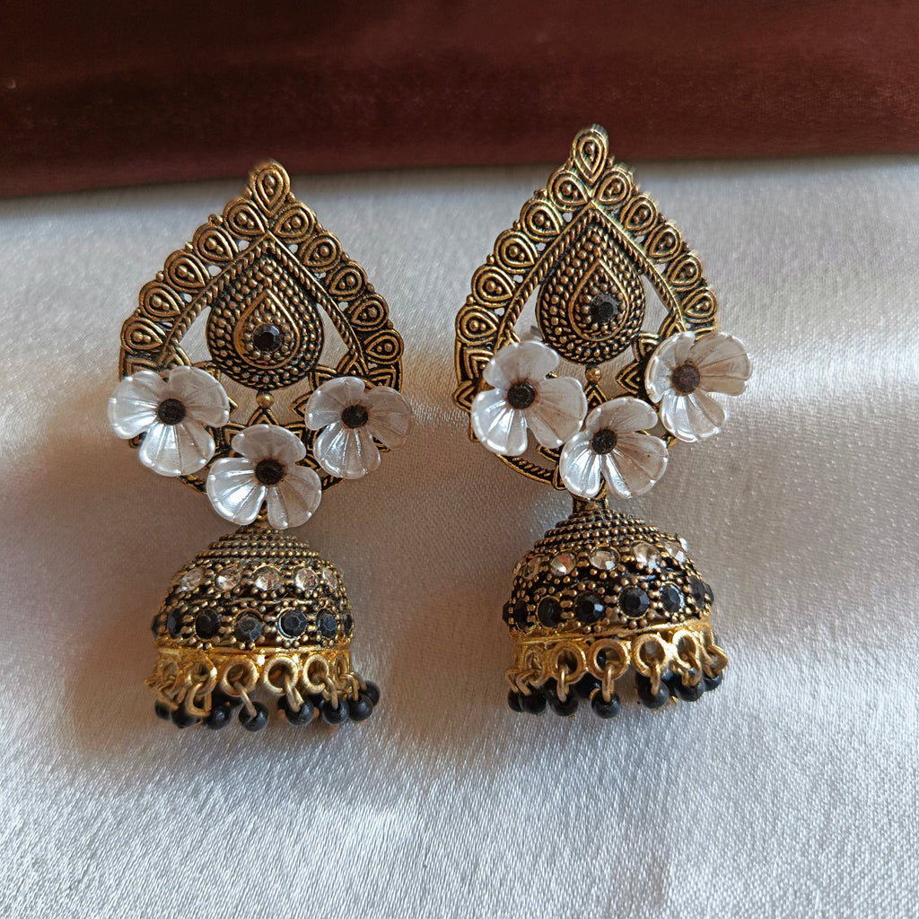 JJ Antique Gold Black Jhumka Earrings Floral Motif