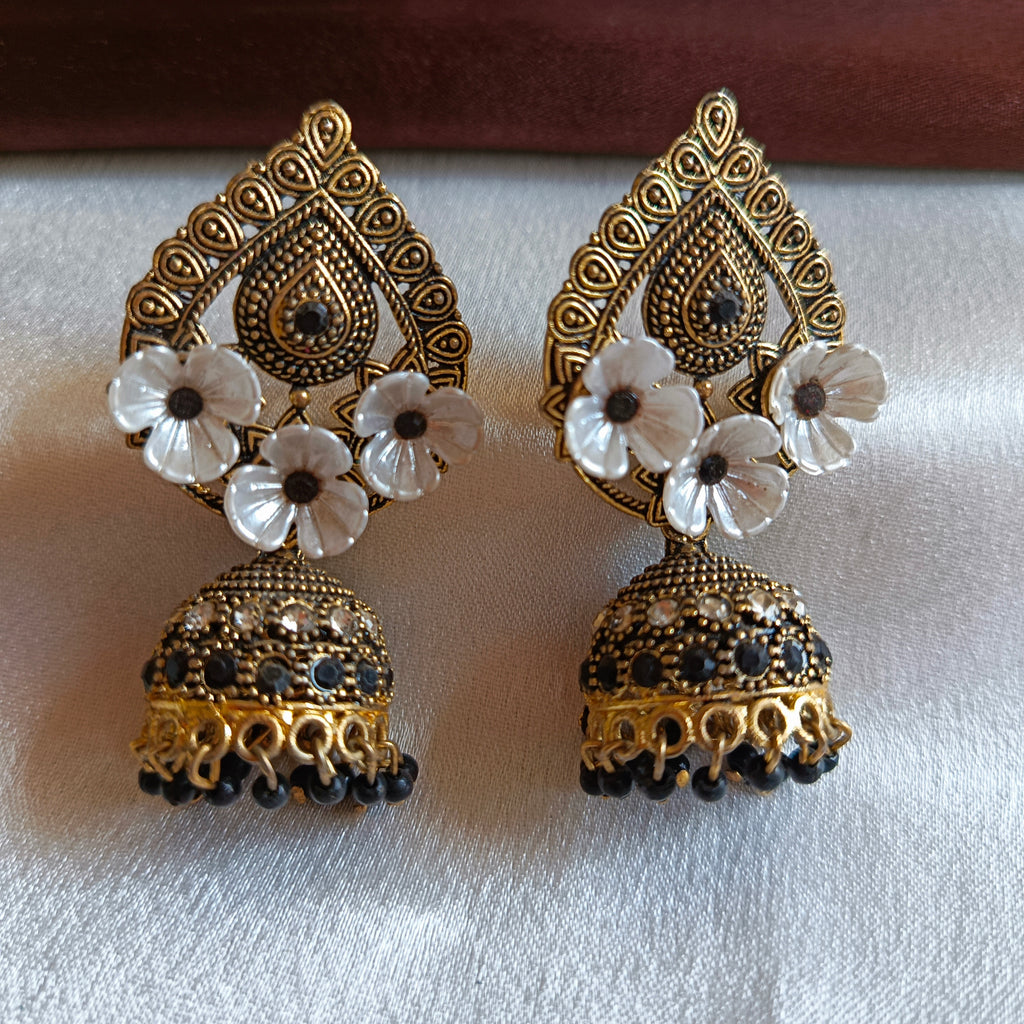 JJ Antique Gold Black Jhumka Earrings Floral Motif