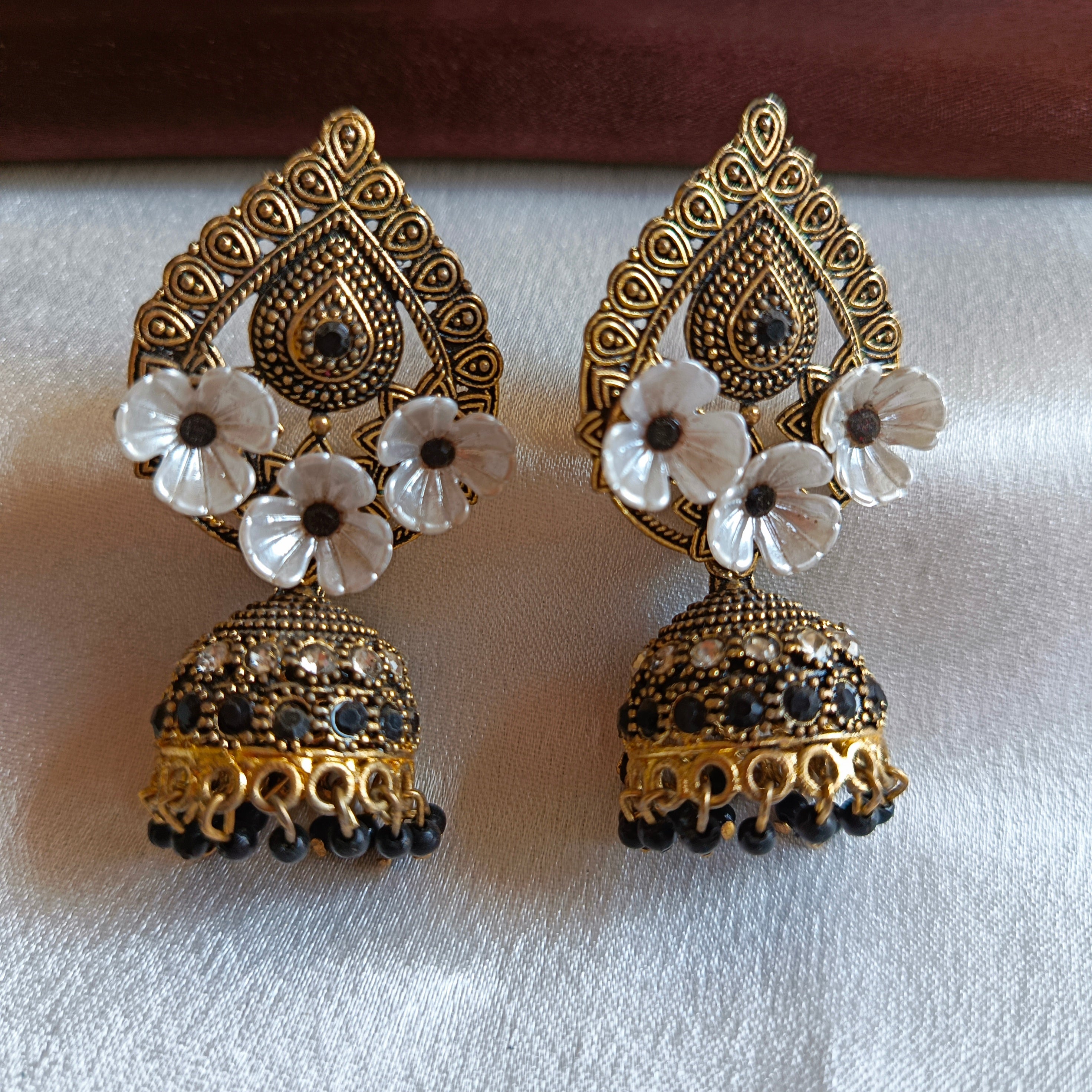 JJ Antique Gold Black Jhumka Earrings Floral Motif