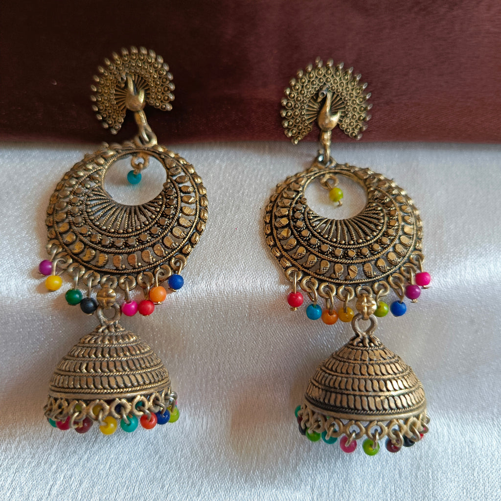 JJ Antique Gold Multicolor Chandbali Earrings Peacock Jhumki
