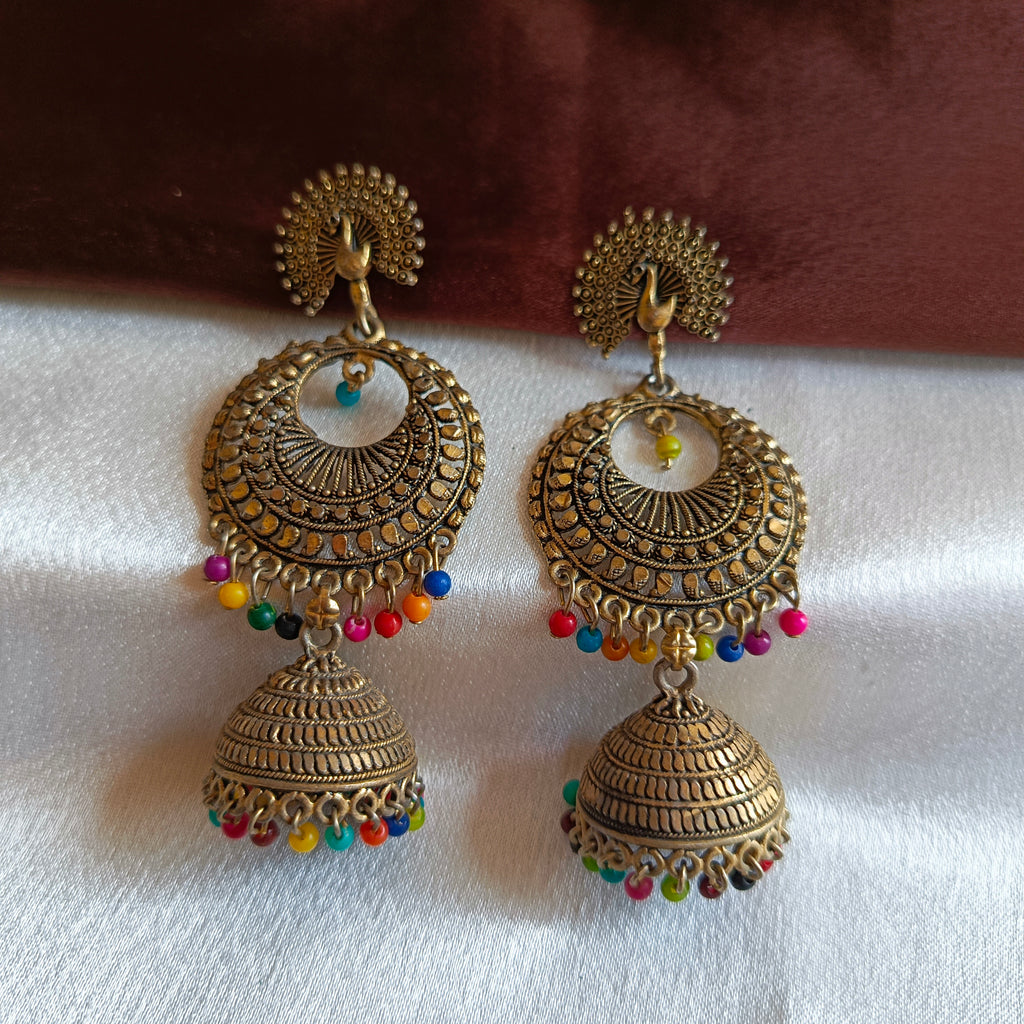 JJ Antique Gold Multicolor Chandbali Earrings Peacock Jhumki