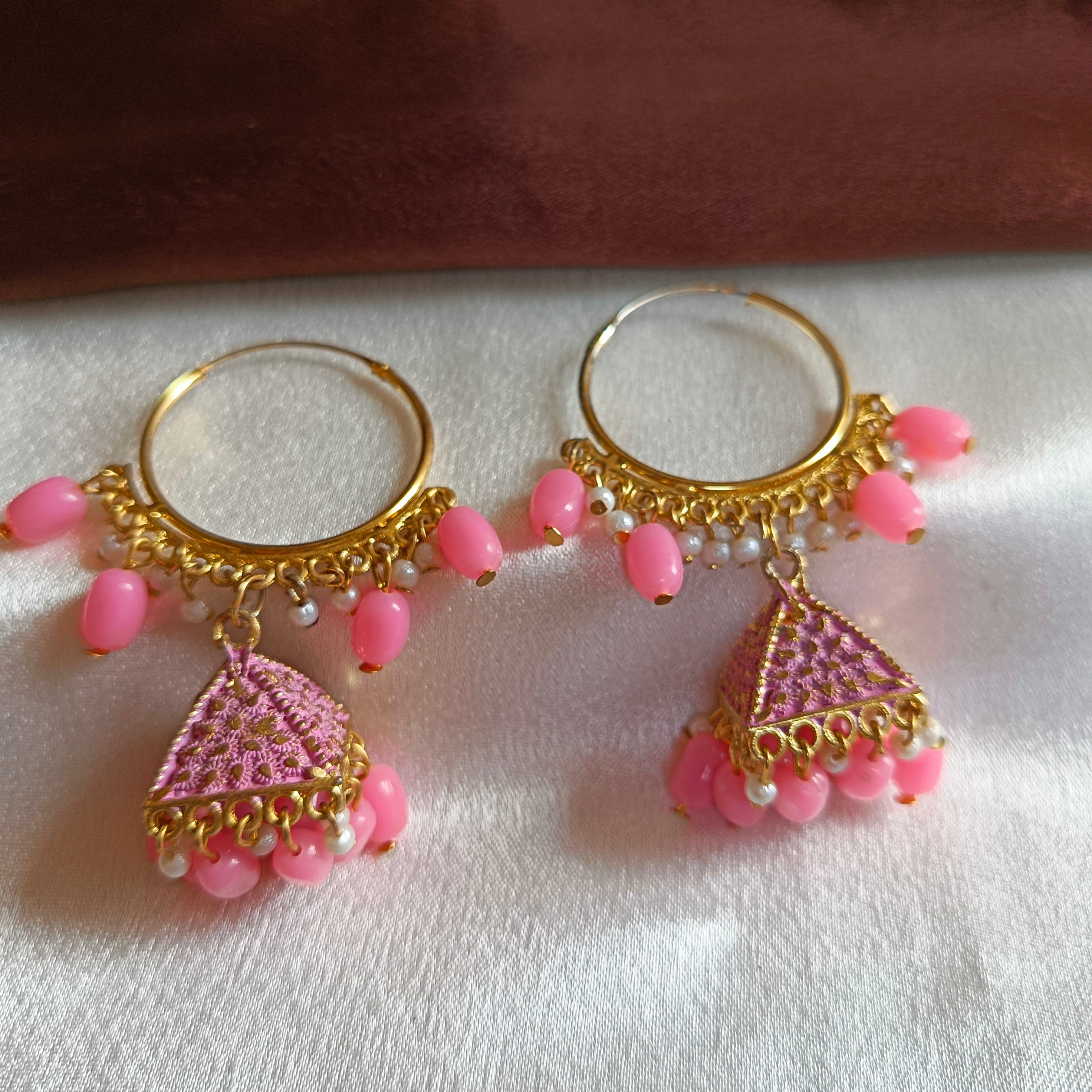 JJ Gold Tone Pink Hoop Earrings Beaded Triangle Jhumki