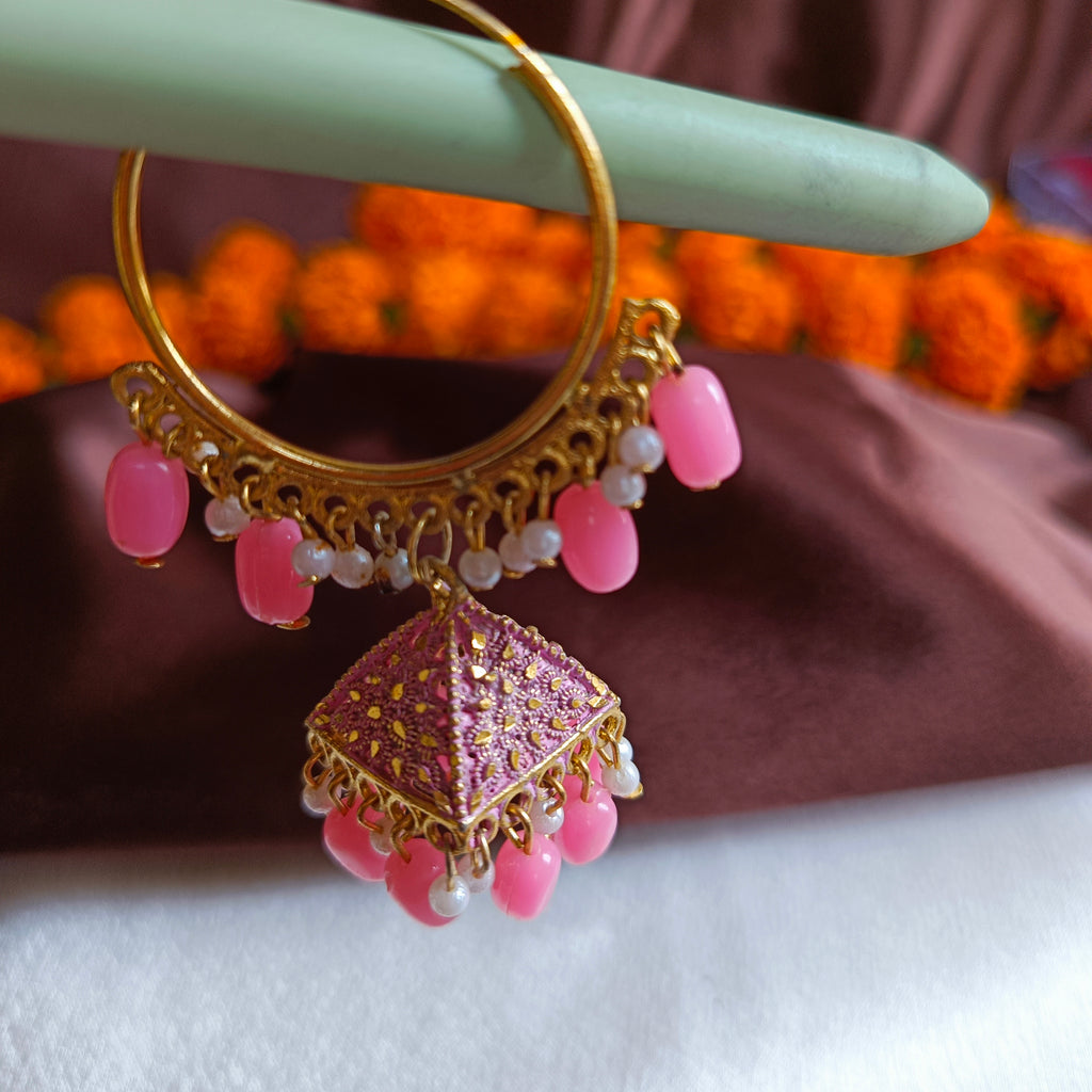JJ Gold Tone Pink Hoop Earrings Beaded Triangle Jhumki