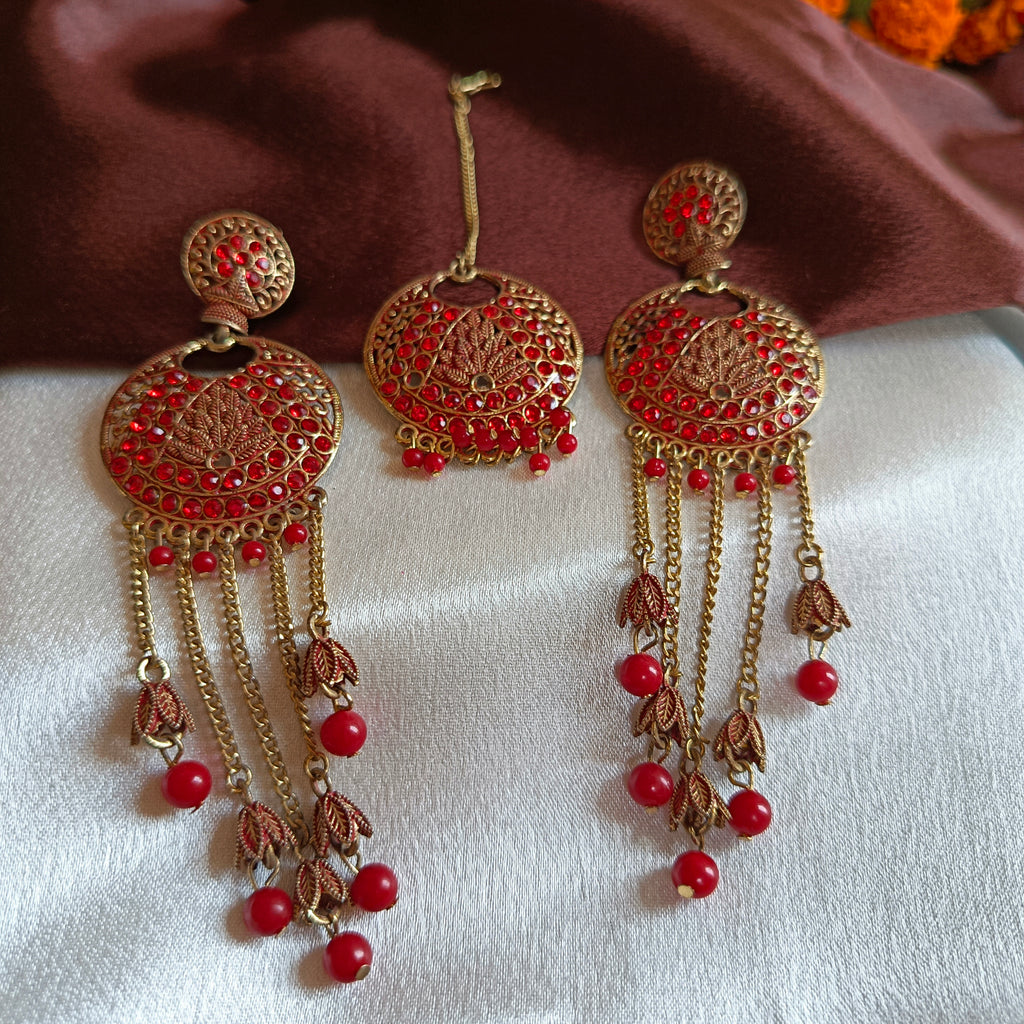 JJ Antique Gold Red Chandbali Earrings Sahara Chain Tassel
