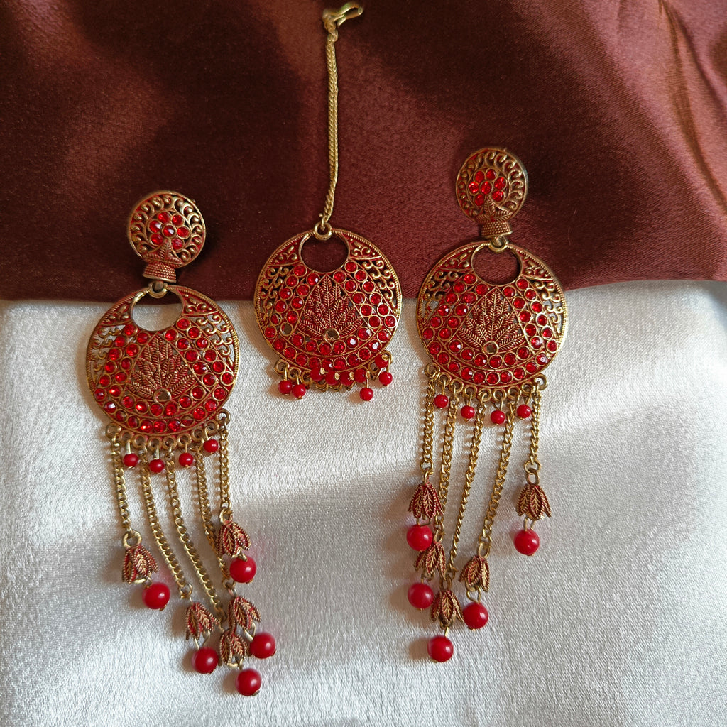 JJ Antique Gold Red Chandbali Earrings Sahara Chain Tassel