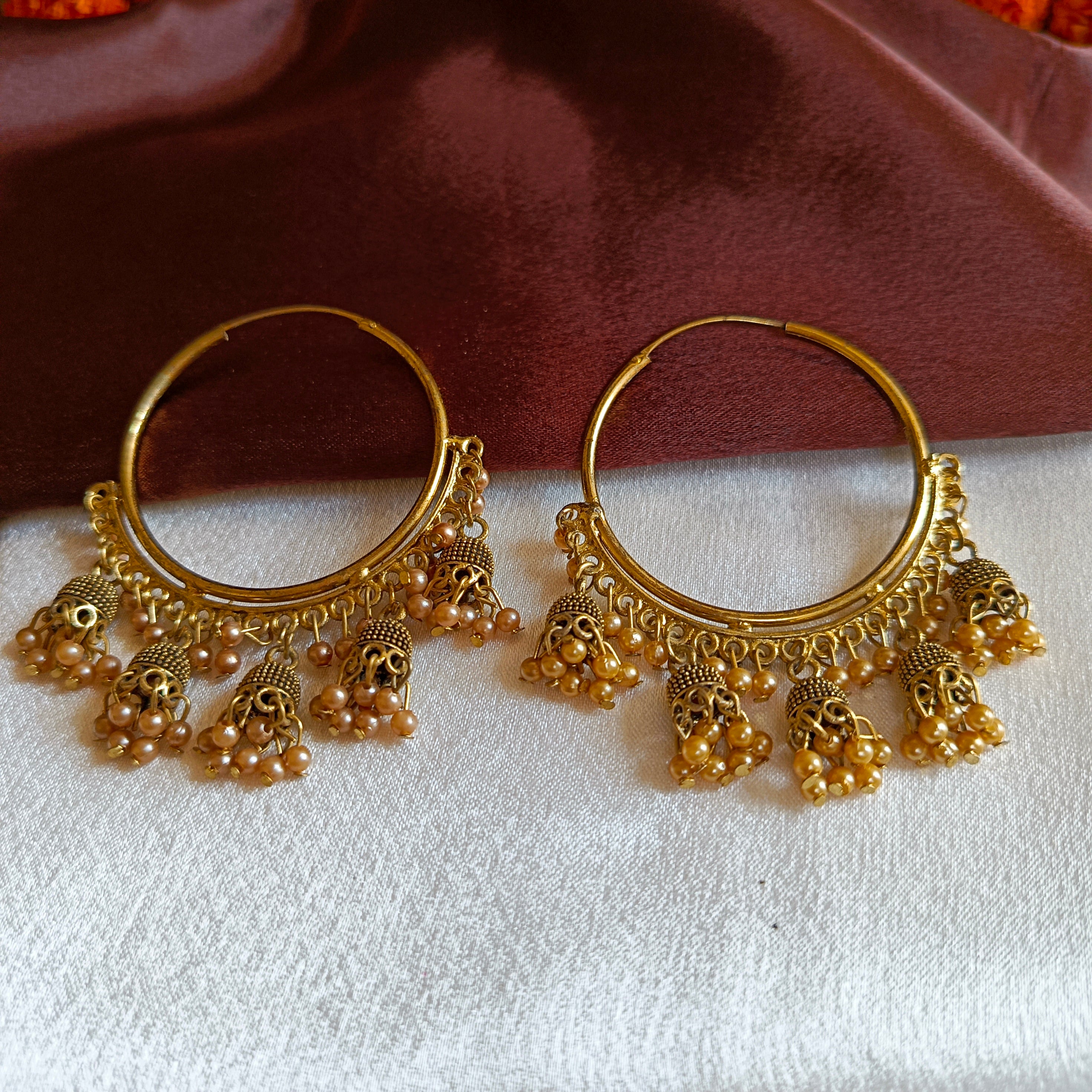 JJ Gold Tone Champagne Hoop Earrings Beaded Jhumki Fringe