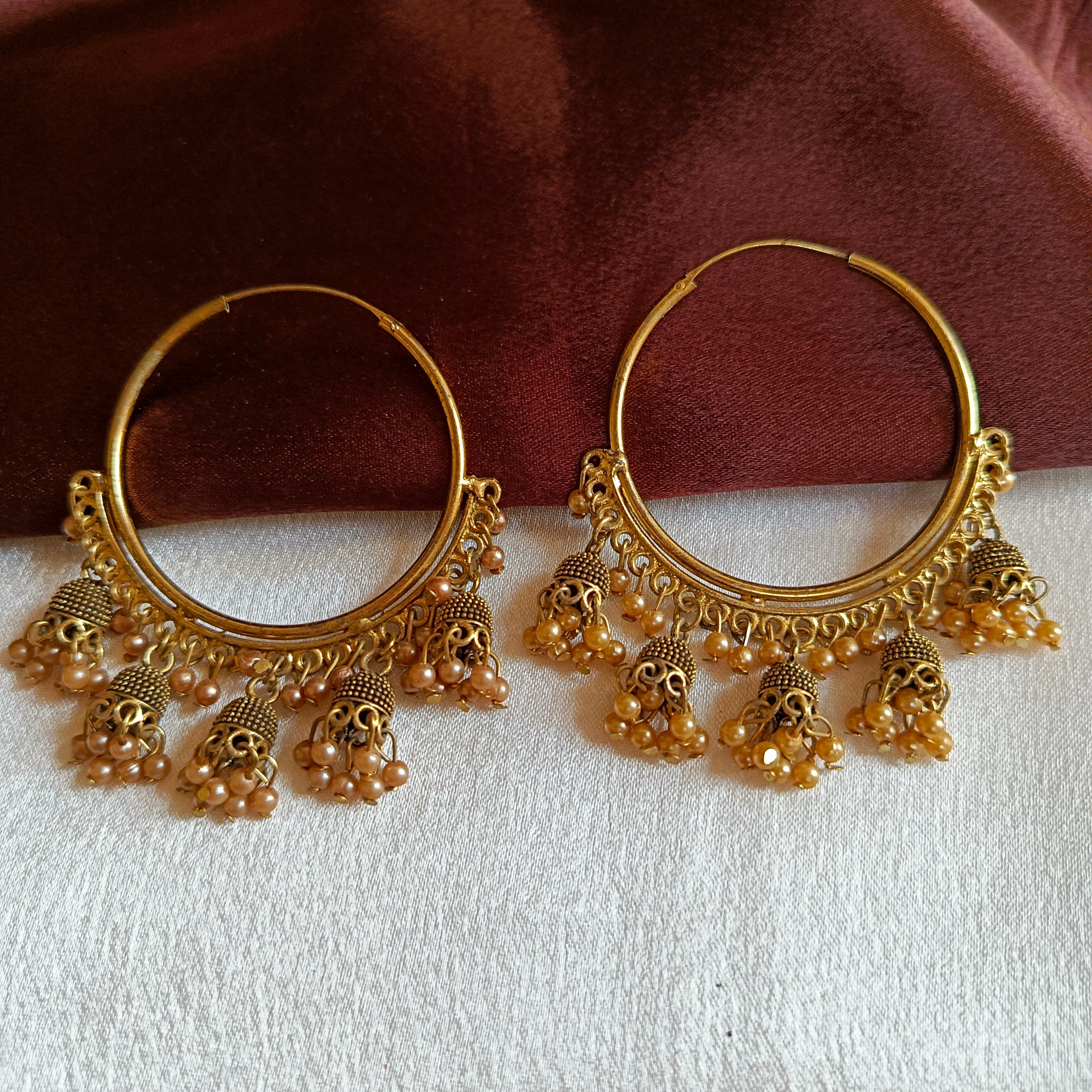 JJ Gold Tone Champagne Hoop Earrings Beaded Jhumki Fringe