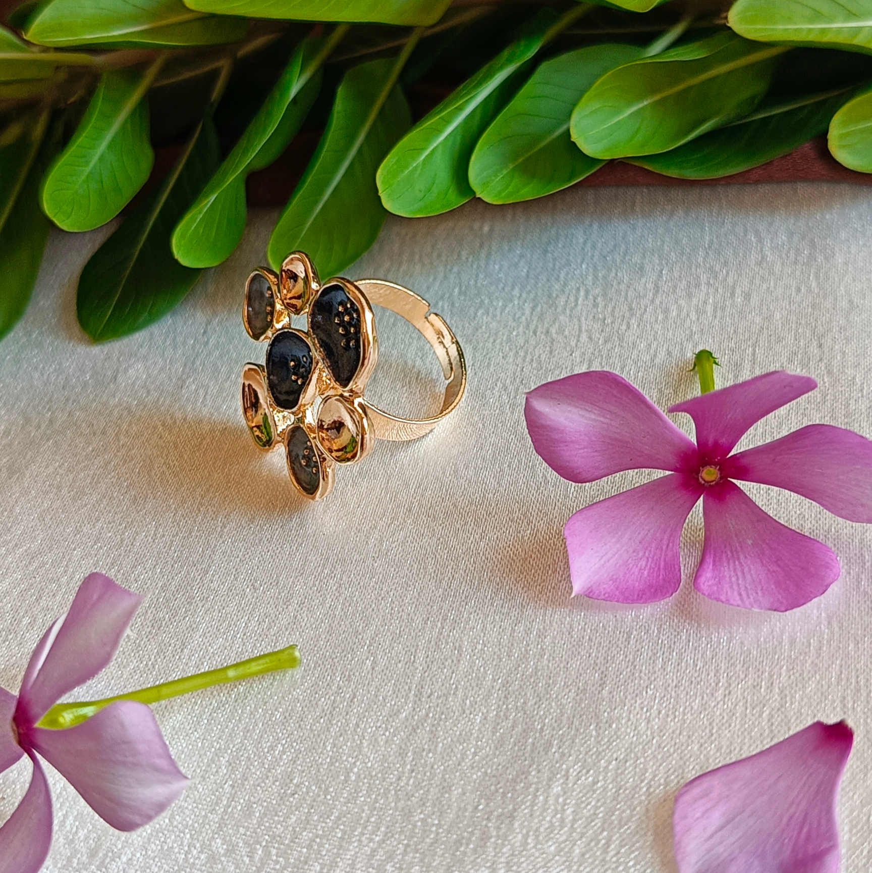 JJ Gold-Plated Statement Ring with Black Crystal Cluster