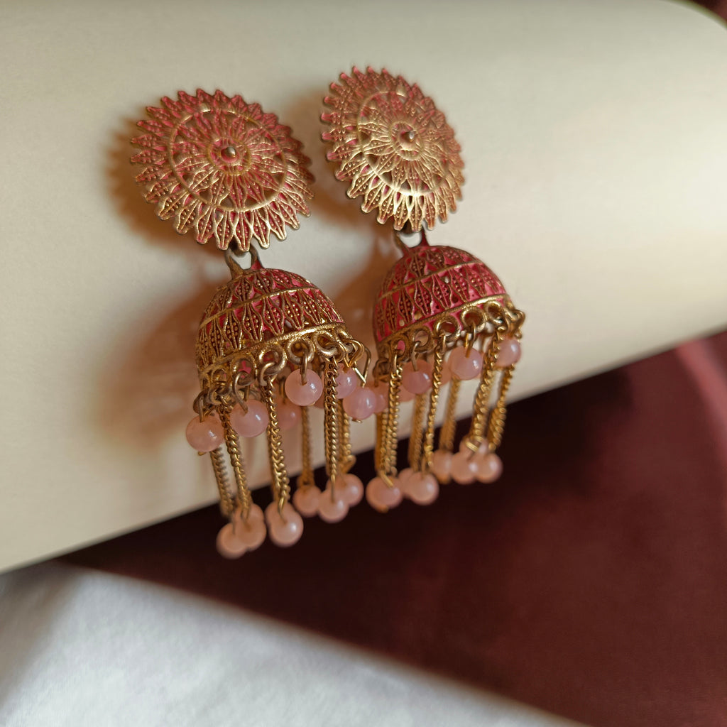 JJ Antique Gold Peach Jhumka Earrings Bead Chain Tassel