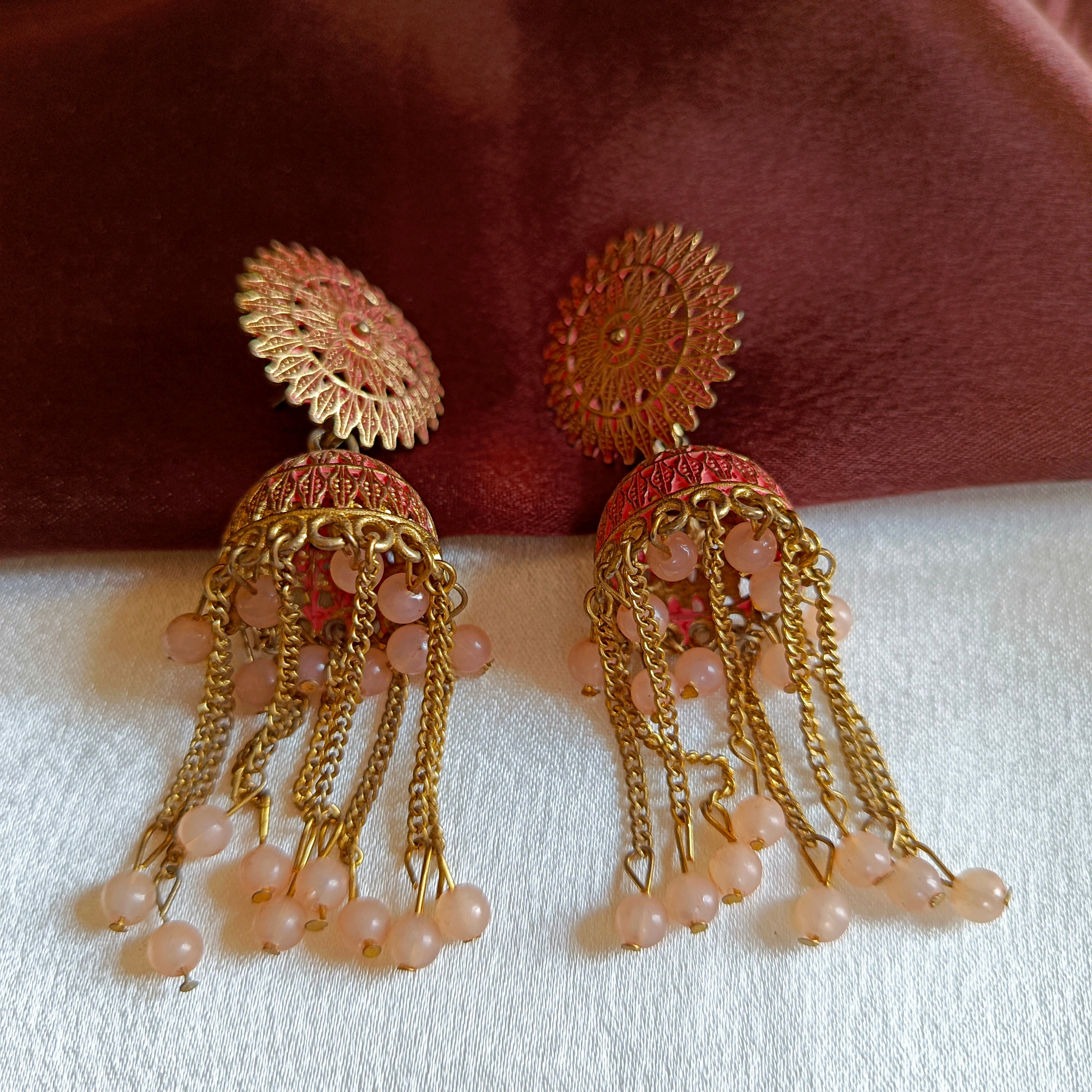 JJ Antique Gold Peach Jhumka Earrings Bead Chain Tassel