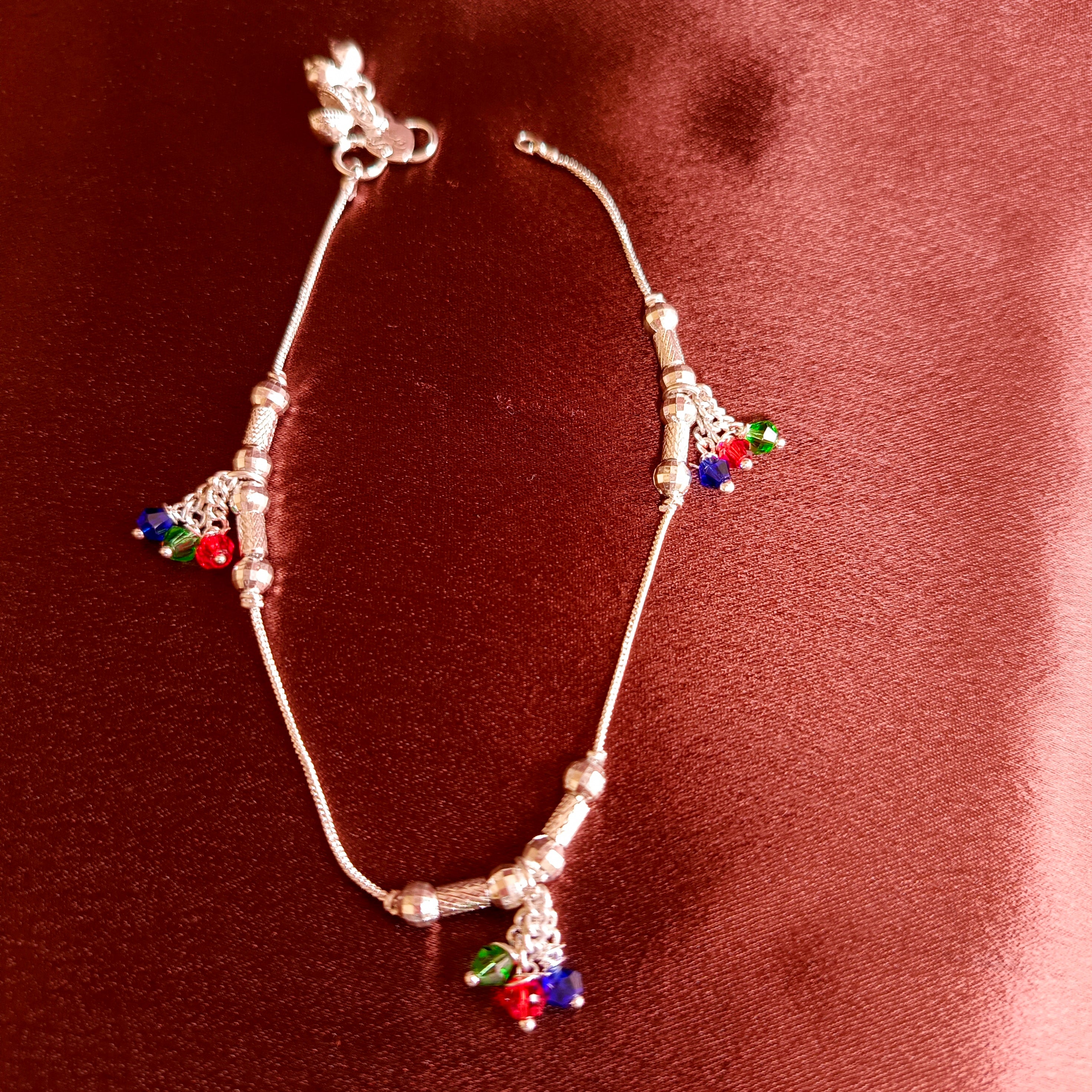 JJ Silver Anklet with Multicolor Beads – Festive Charm Design