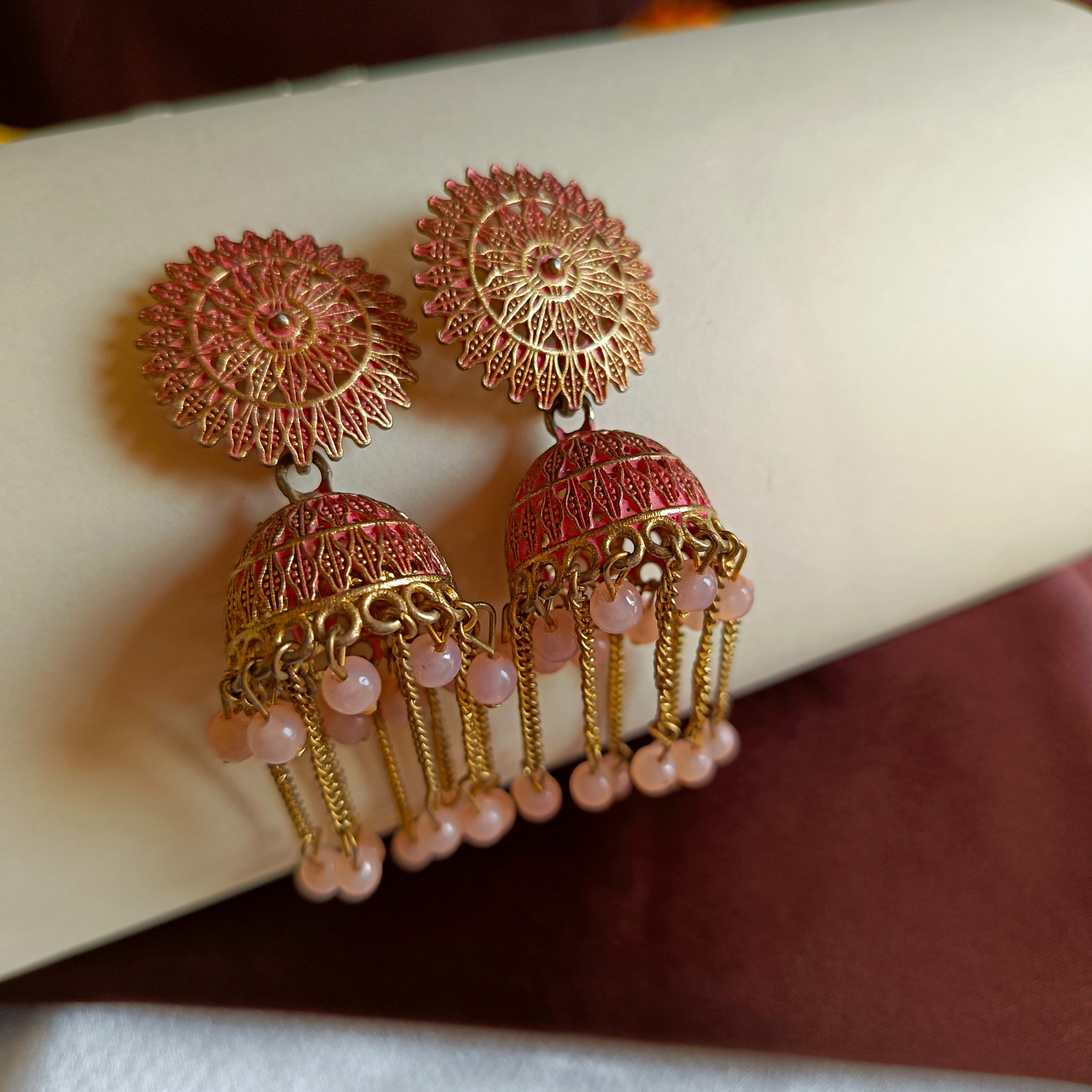 JJ Antique Gold Peach Jhumka Earrings Bead Chain Tassel